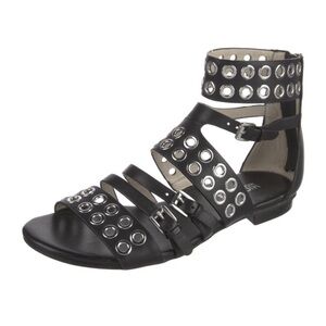 Michael Kors black leather silver eyelet studded multi strap buckle sandals